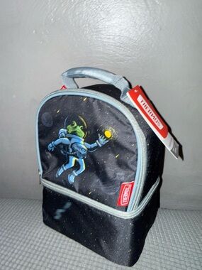 Thermos Kids Backpack Lunch Bag Black with Light Blue Trim and Green Astronaut
